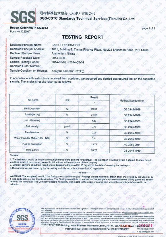 Quality Control, Quality System Certificate - San Corporation Ammonium ...